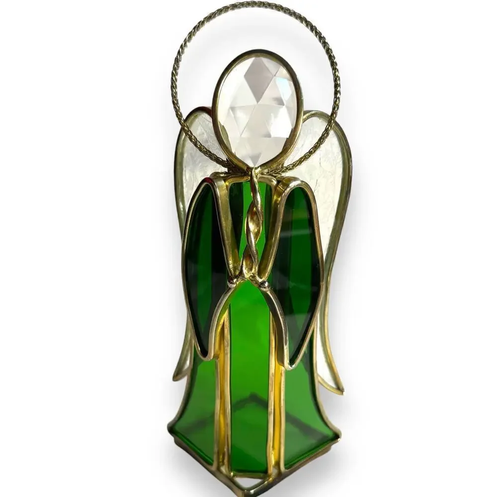 VTG Green Stained Glass Gold Tone Angel Candle Votive Holder Signed Leny 1979